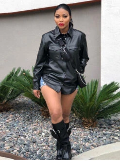 Cool Faux Leather Black Blouse Coat For Women