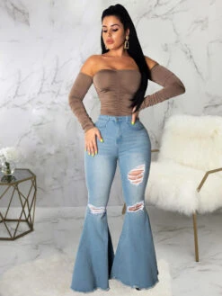 Easy Matching Springy Solid Ripped Flare Jeans