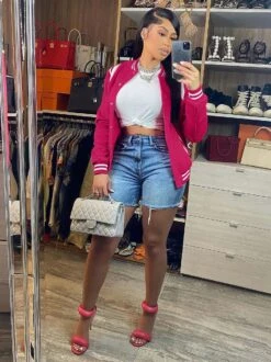 Active Contrast Color Short Baseball Coats For Women