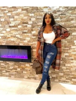 Women Plaid Long Sleeve Button Up Long Coats