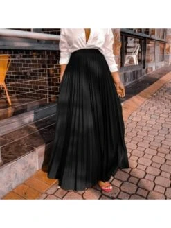 Casual Loose Solid Pleated Maxi Skirts