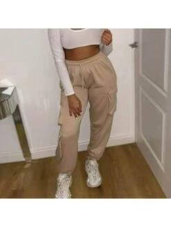 Casual Pocket Patchwork Apricot Women's Long Pants