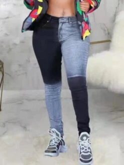 Contrast Color Black Pencil Jeans For Women