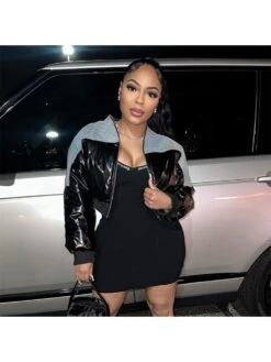 Denim Patchwork Zipper Down Coat