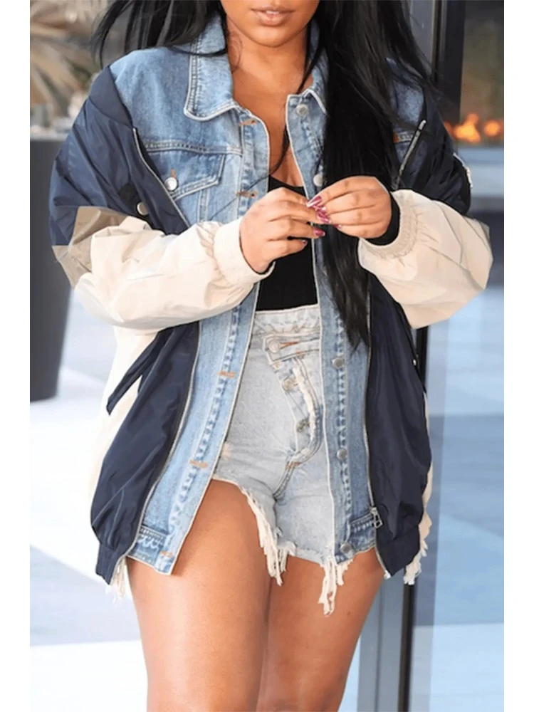 Colorblock Denim Patchwork Baseball Jacket 2 Colorblock Denim Patchwork Baseball Jacket - Image 2