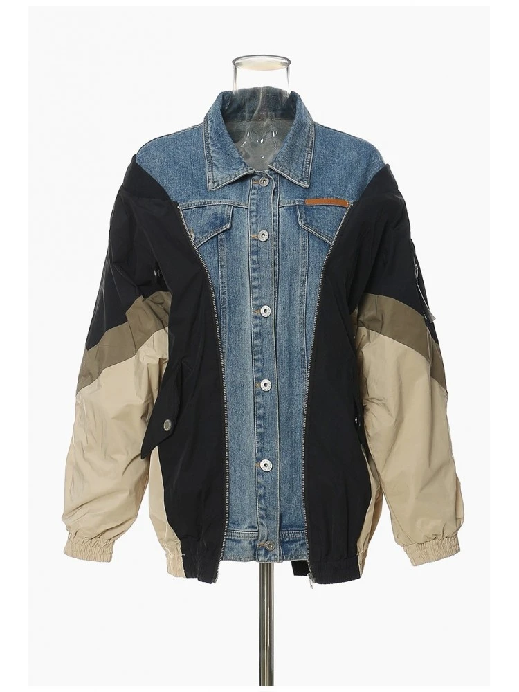 Colorblock Denim Patchwork Baseball Jacket 4 Colorblock Denim Patchwork Baseball Jacket - Image 4