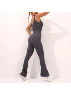 Solid Color Spaghetti Straps Flared Yoga Jumpsuit