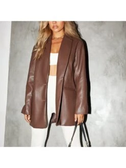 Solid Leather Lapel Neck Buckle Blazers