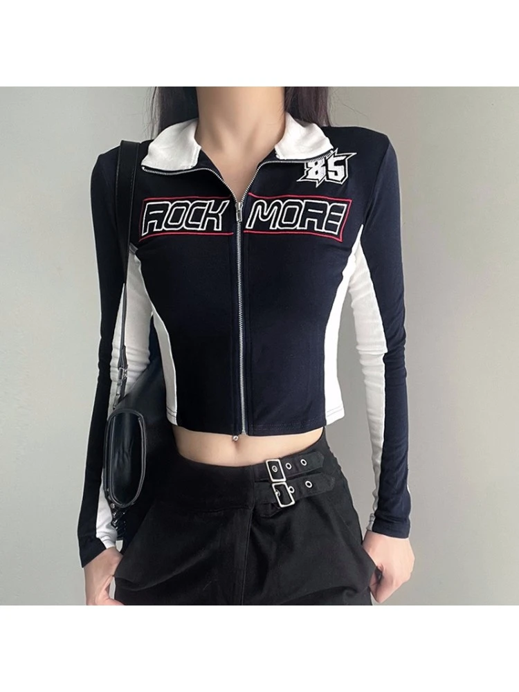 Letter Pattern Long Sleeve Cropped Zipper Jackets 1 Letter Pattern Long Sleeve Cropped Zipper Jackets