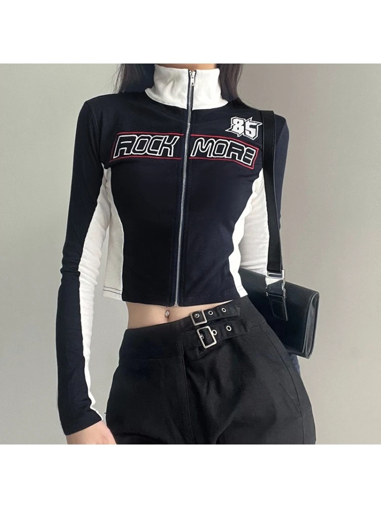 Letter Pattern Long Sleeve Cropped Zipper Jackets 2 Letter Pattern Long Sleeve Cropped Zipper Jackets - Image 2