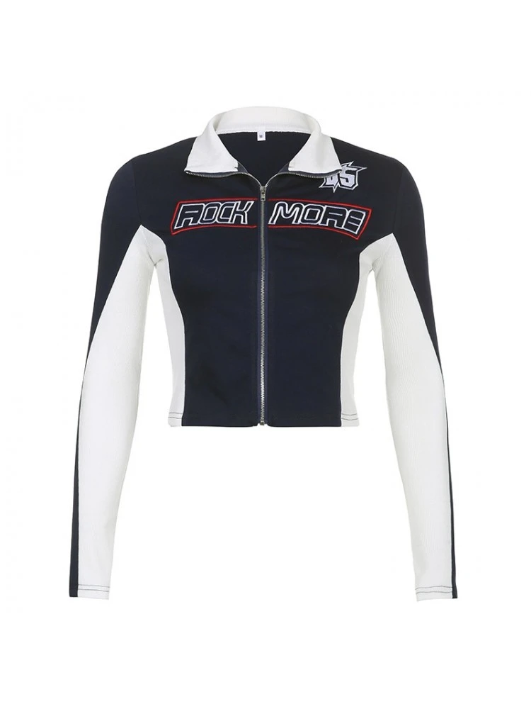 Letter Pattern Long Sleeve Cropped Zipper Jackets 4 Letter Pattern Long Sleeve Cropped Zipper Jackets - Image 4