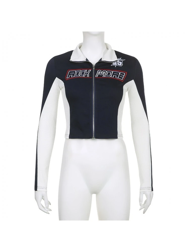 Letter Pattern Long Sleeve Cropped Zipper Jackets 5 Letter Pattern Long Sleeve Cropped Zipper Jackets - Image 5