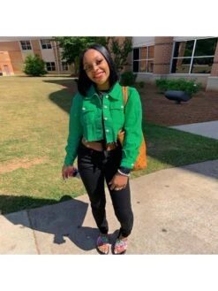 Fuzzy Trim Denim Cropped Jackets