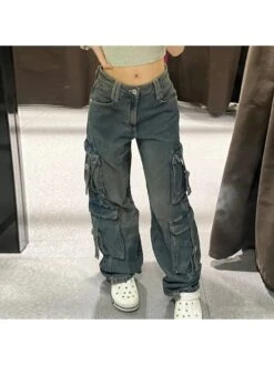 Denim Lace Up Multi Pocket Cargo Jeans