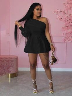 One Shoulder Solid Long Sleeve Shirt Dress