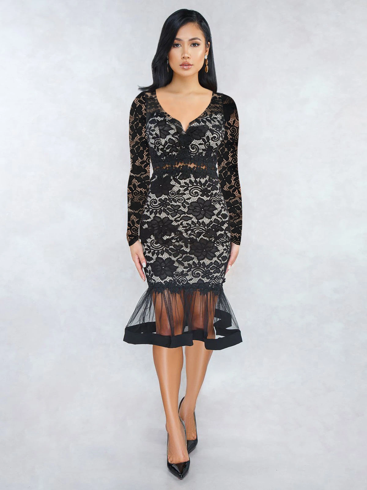 Elegant Solid Hollow Out Lace Long Sleeve Dress 2 Elegant Solid Hollow Out Lace Long Sleeve Dress - Image 2