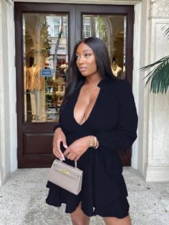 Deep V Ruffled Hem Solid Long Sleeve Dress 5 Deep V Ruffled Hem Solid Long Sleeve Dress -V For Vendetta Shop P 20211206154912430 593