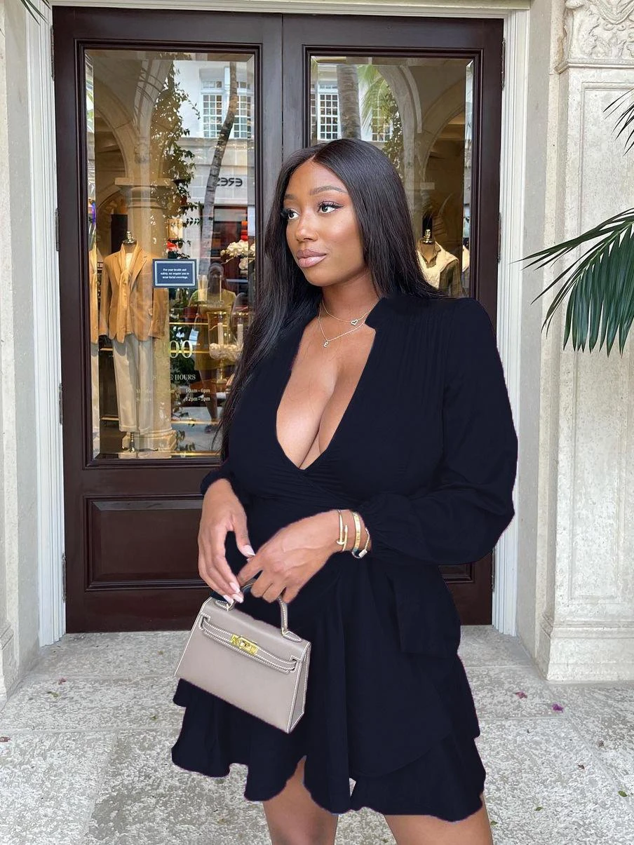 Deep V Ruffled Hem Solid Long Sleeve Dress 3 Deep V Ruffled Hem Solid Long Sleeve Dress - Image 3