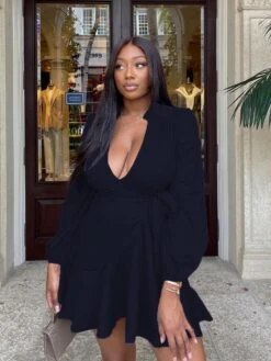 Deep V Ruffled Hem Solid Long Sleeve Dress