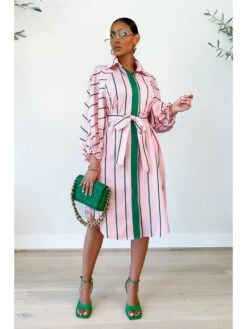 Fall Striped Long Sleeve Shirt Dresses For Women
