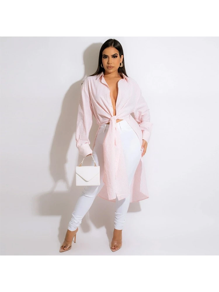 Casual Fall Striped Long Sleeve Slit Midi Shirt Dress 1 Casual Fall Striped Long Sleeve Slit Midi Shirt Dress