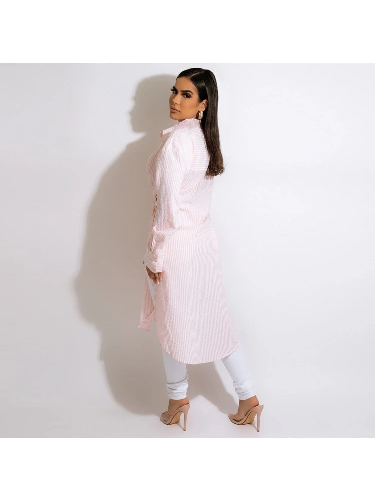 Casual Fall Striped Long Sleeve Slit Midi Shirt Dress 2 Casual Fall Striped Long Sleeve Slit Midi Shirt Dress - Image 2