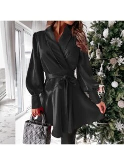 Casual Women Tie Wrap Long Sleeve Shirt Dress