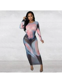 Sexy Printing Gauze Long Sleeve Bodycon Maxi Dress