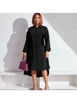 Casual Sequins Long Sleeve Irregular Shirt Dress