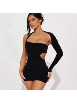 Solid Color One-Shoulder Long Sleeve Dress