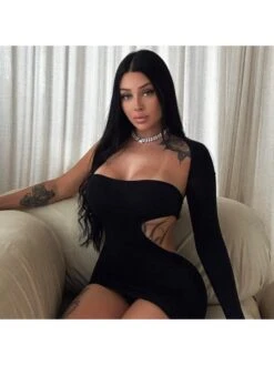 Solid Color One-Shoulder Long Sleeve Dress -V For Vendetta Shop P 20230807195759603 223