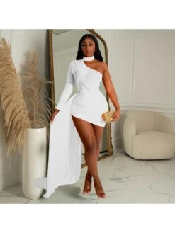 One Shoulder Long Sleeved Feather Cloak Dress