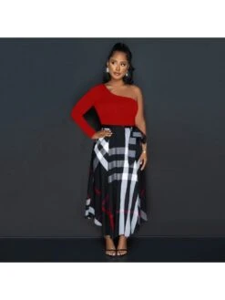 Fall Casual Print One Shoulder Maxi Dress