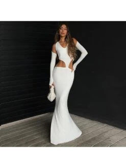 Sheer Long Sleeve Off The Shoulder Elegant Dress