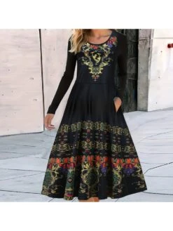 Geometric Pattern Round Neck Loose Midi Dress