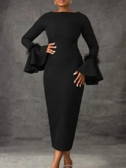 Feather Trumpet Sleeve Backless Maxi Dress