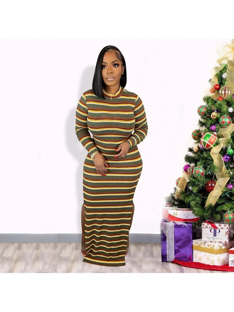 Colorblock Striped Fitted Long Sleeve Maxi Dress 1 Colorblock Striped Fitted Long Sleeve Maxi Dress