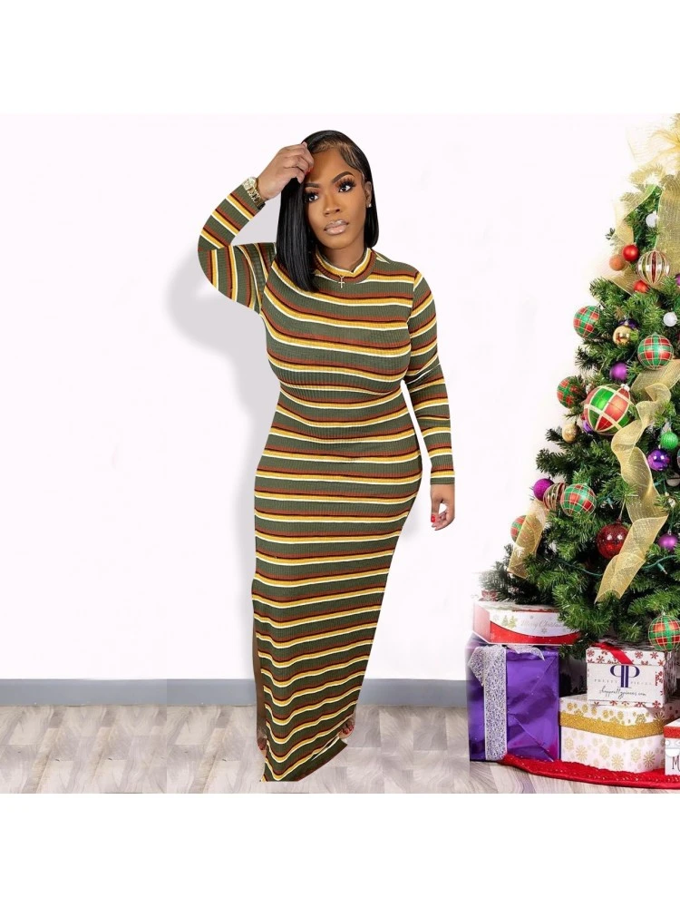 Colorblock Striped Fitted Long Sleeve Maxi Dress 2 Colorblock Striped Fitted Long Sleeve Maxi Dress - Image 2