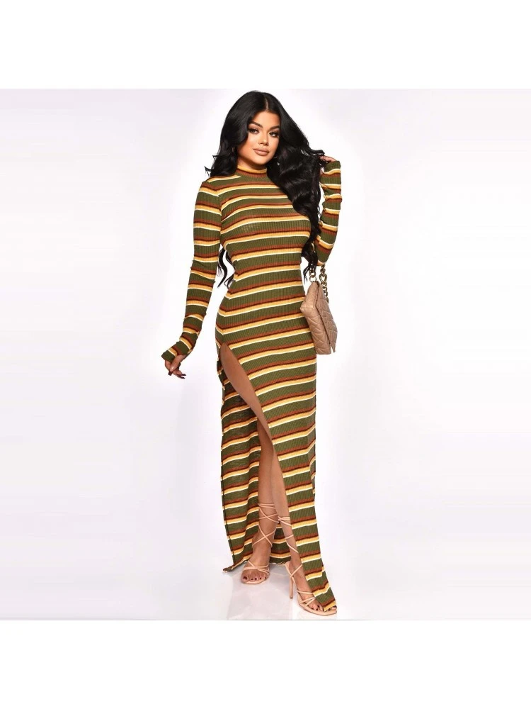 Colorblock Striped Fitted Long Sleeve Maxi Dress 4 Colorblock Striped Fitted Long Sleeve Maxi Dress - Image 4