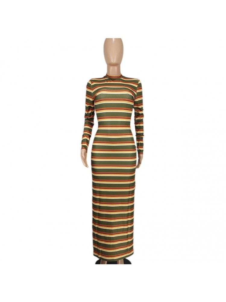 Colorblock Striped Fitted Long Sleeve Maxi Dress 7 Colorblock Striped Fitted Long Sleeve Maxi Dress - Image 7