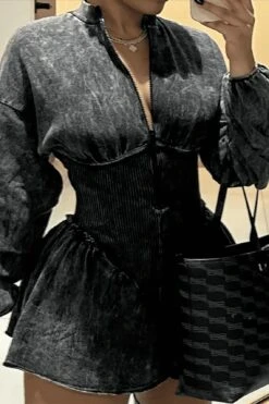 V For Vendetta Shop 42 Distressed V Neck Zipper Long Sleeves Dress