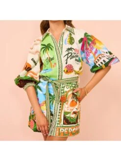 Colorblock Puff Sleeve Shirt Mini Dress