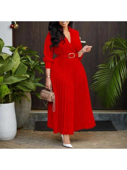 Solid Color Pleated With Belt A-line Dress 3 Solid Color Pleated With Belt A-line Dress -V For Vendetta Shop P 20240618145629540 292