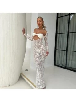 Patchwork See Through Lace Long Sleeves Dress