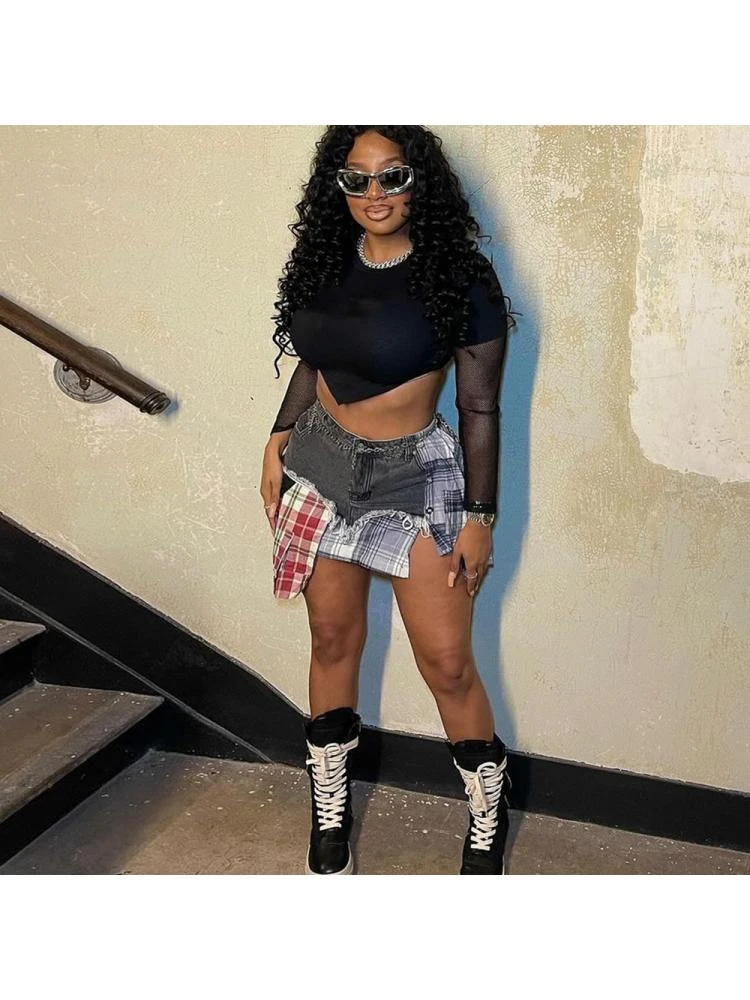 Colorblock Plaid Raged Hem Patchwork Denim Skirts 1 Colorblock Plaid Raged Hem Patchwork Denim Skirts