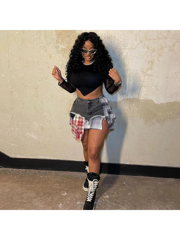 Colorblock Plaid Raged Hem Patchwork Denim Skirts 2 Colorblock Plaid Raged Hem Patchwork Denim Skirts - Image 2