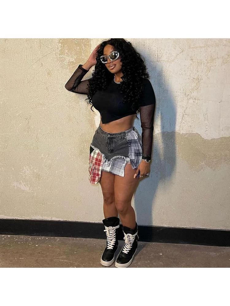 Colorblock Plaid Raged Hem Patchwork Denim Skirts 3 Colorblock Plaid Raged Hem Patchwork Denim Skirts - Image 3