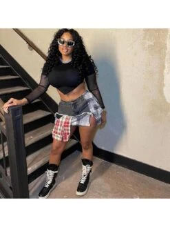 Colorblock Plaid Raged Hem Patchwork Denim Skirts 23 Colorblock Plaid Raged Hem Patchwork Denim Skirts -V For Vendetta Shop P 20240624112853115 308