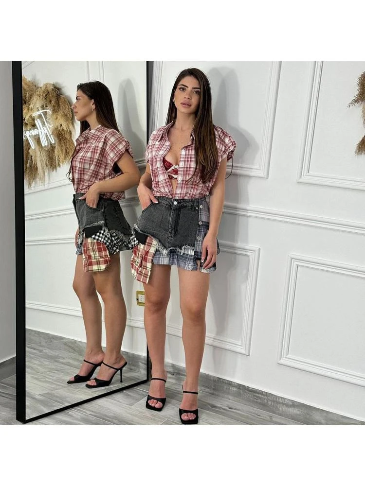 Colorblock Plaid Raged Hem Patchwork Denim Skirts 6 Colorblock Plaid Raged Hem Patchwork Denim Skirts - Image 6