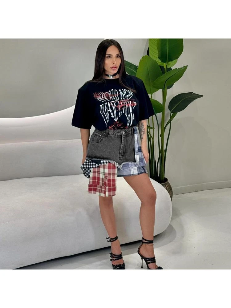 Colorblock Plaid Raged Hem Patchwork Denim Skirts 7 Colorblock Plaid Raged Hem Patchwork Denim Skirts - Image 7